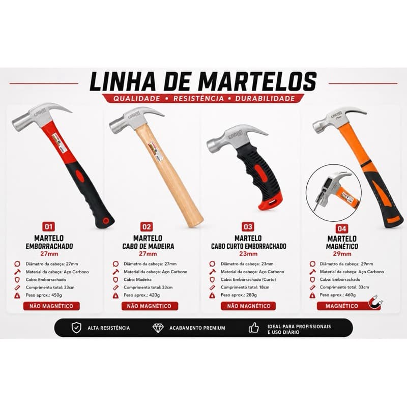 Martelos Profissionais Diversos Modelos 23mm 27mm 29mm Madeira Emborrachado Magnético unha curto