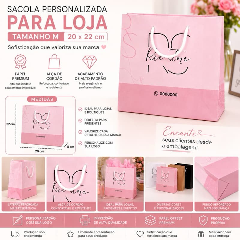 Sacola Personalizada para Loja Boutique com Logo Alça de Cordão Papel Premium 20x22cm Tamanho M