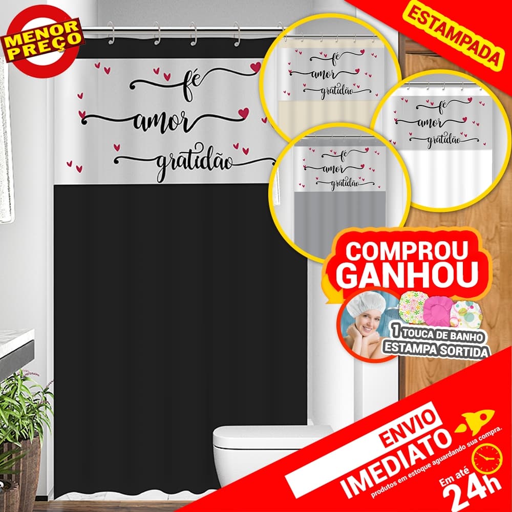 Cortina de Box Fé, Amor e Gratidão Anti Mofo Resistente Alta Qualidade 100% PVC Várias Cores