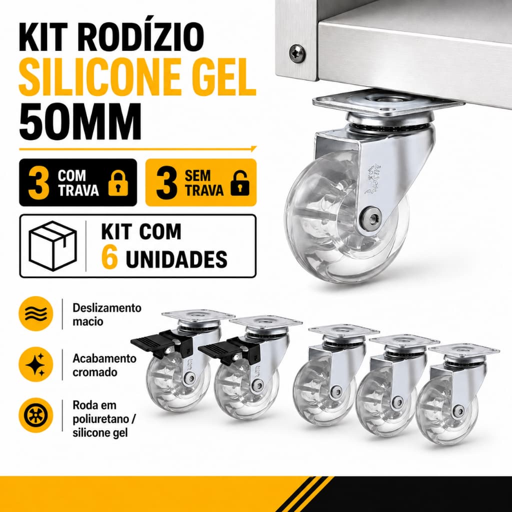Kit 6 Rodízio Giratório Gel Rodinha Móveis 50mm 3 Trava 3 Sem