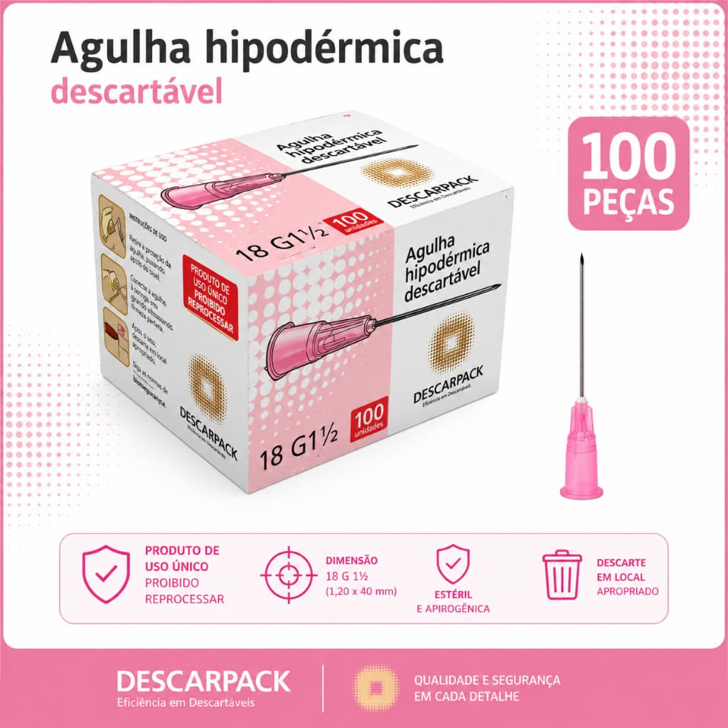 Agulha Hipodérmica Rosa Descartavel 40x1,20MM 100 UNIDADES