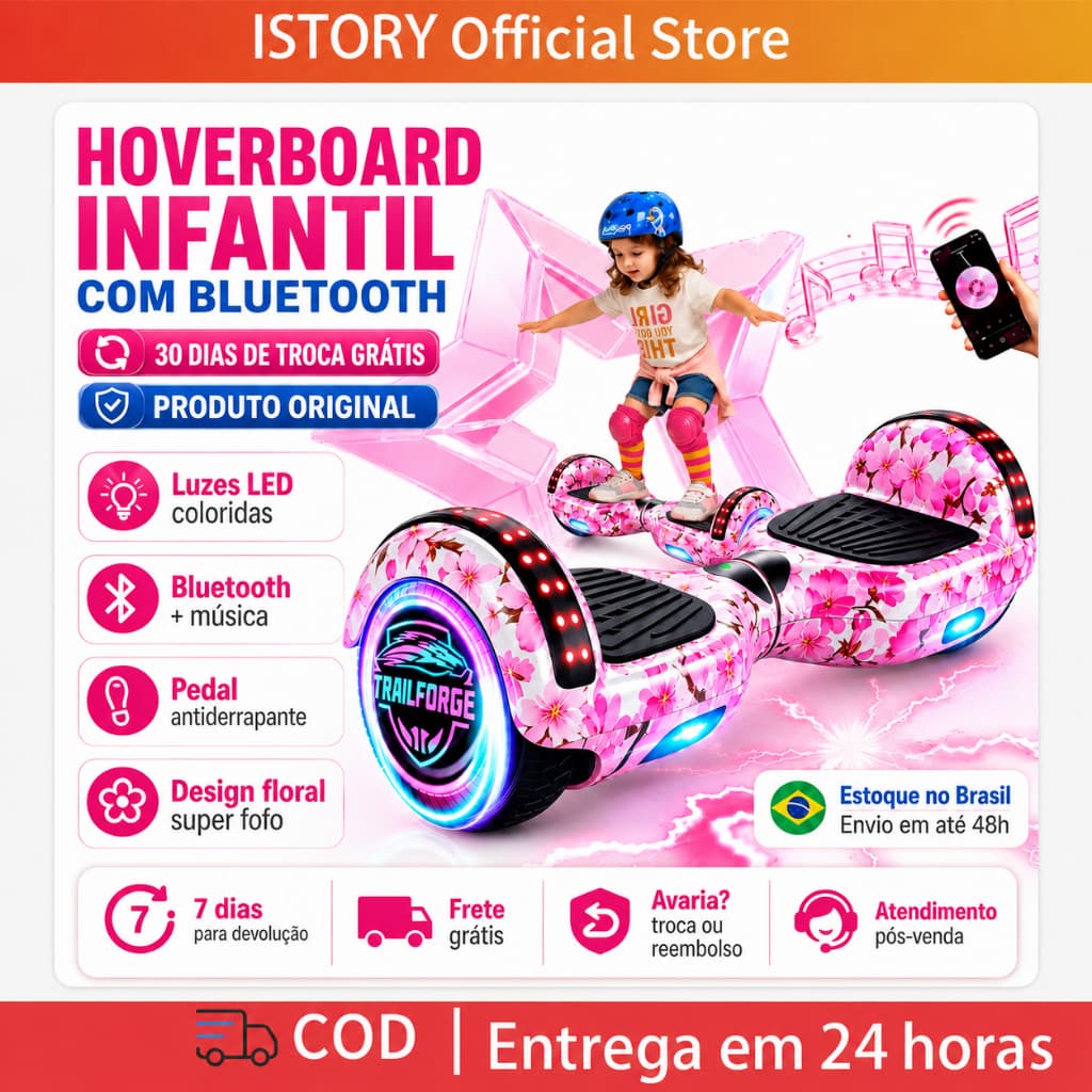 Hoverboard Infantil 6.5" Skate Elétrico com LED Bluetooth e Bateria Potente Seguro para Crianças