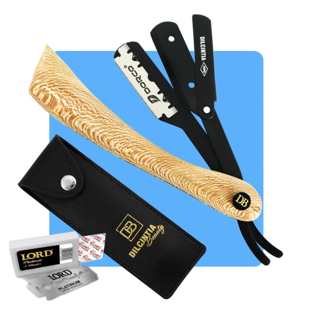 Navalhete Barbeiro Profissional Cabo Madeira Nobre Talhada Aço Inox + Case + 10 Lâminas Grátis
