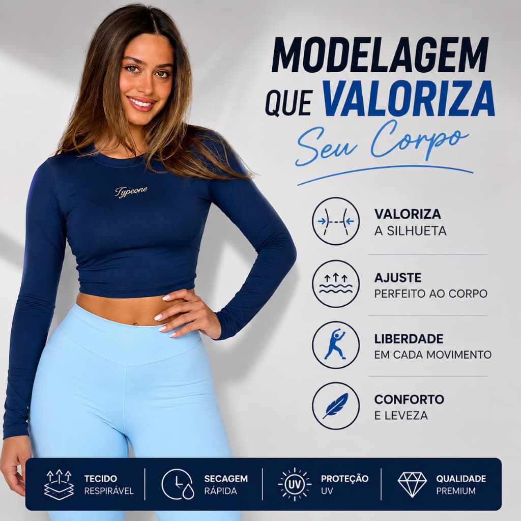 Kit 2 Cropped Feminino Manga Longa Academia Elastano Blusa Segunda Pele Proteção UV Térmica Leve