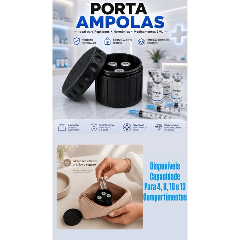 Porta Ampolas Organizador de Plástico Rígido com Tampa Rosca - Capacidade para 4, 8 ,10 e 13 Ampolas