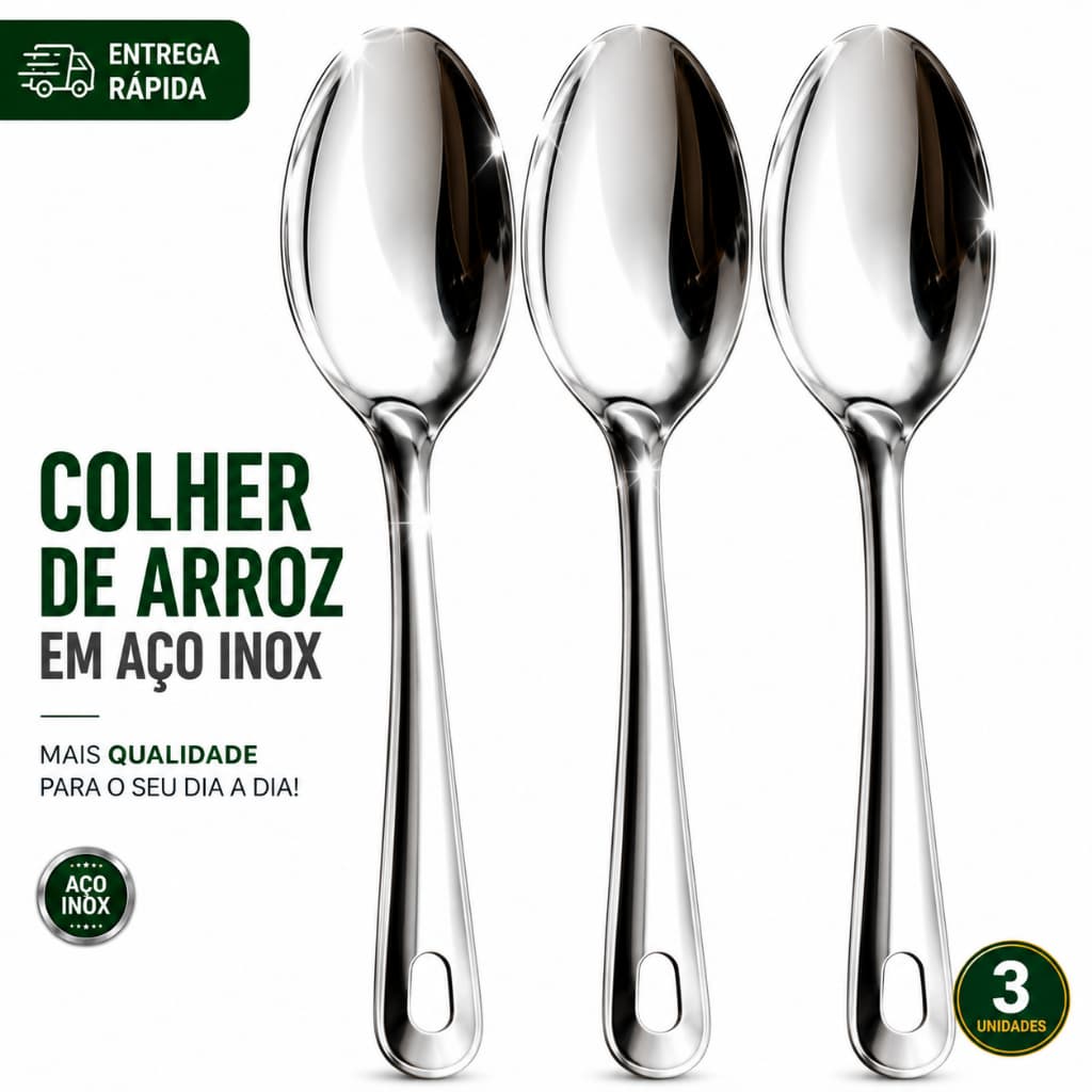 Kit 3 Colheres de Arroz Grande Aço Inox Premium Resistente Cozinha Restaurante Buffet Profissional