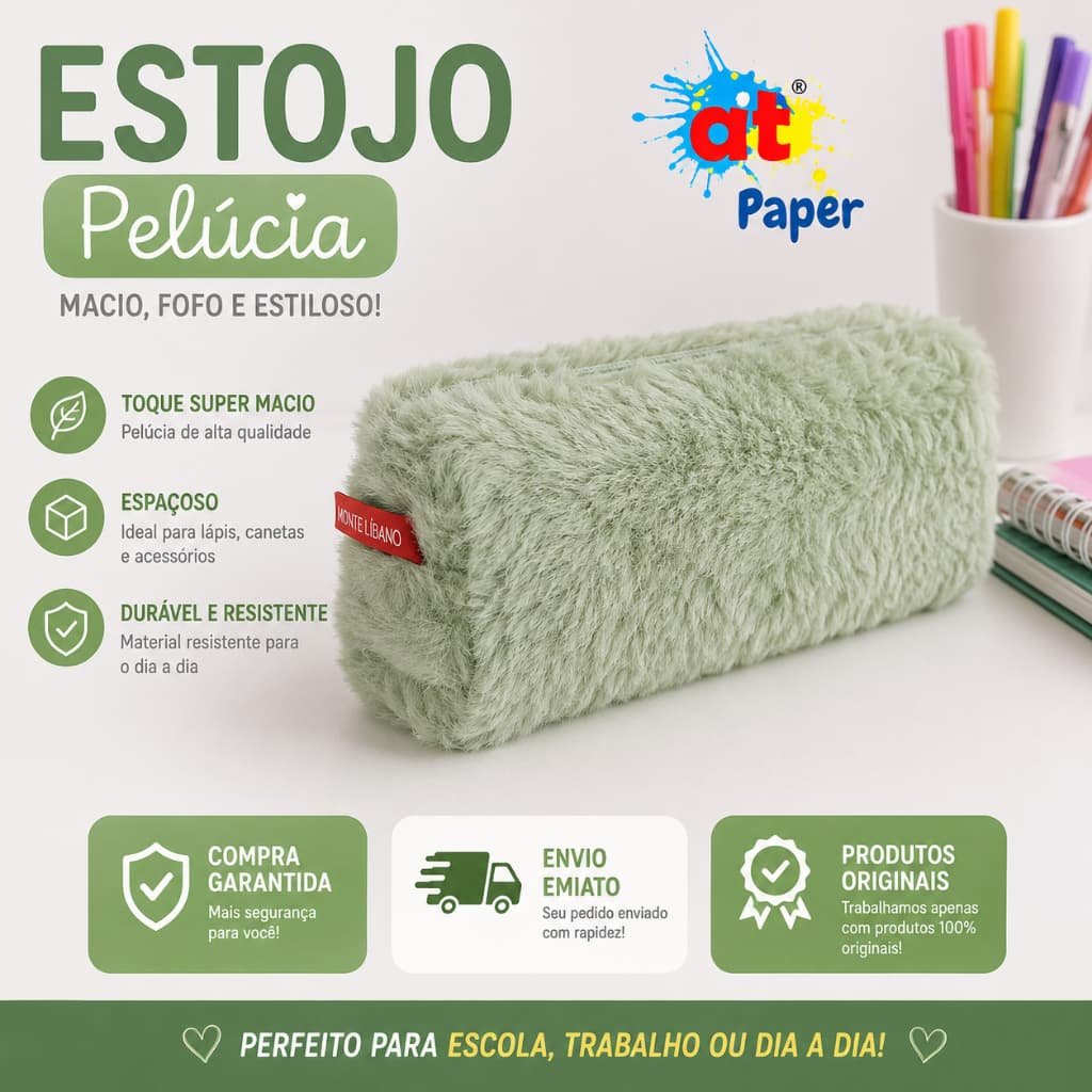 Estojo De Pelúcia Retangular Verde Claro Vighs 1 Ziper