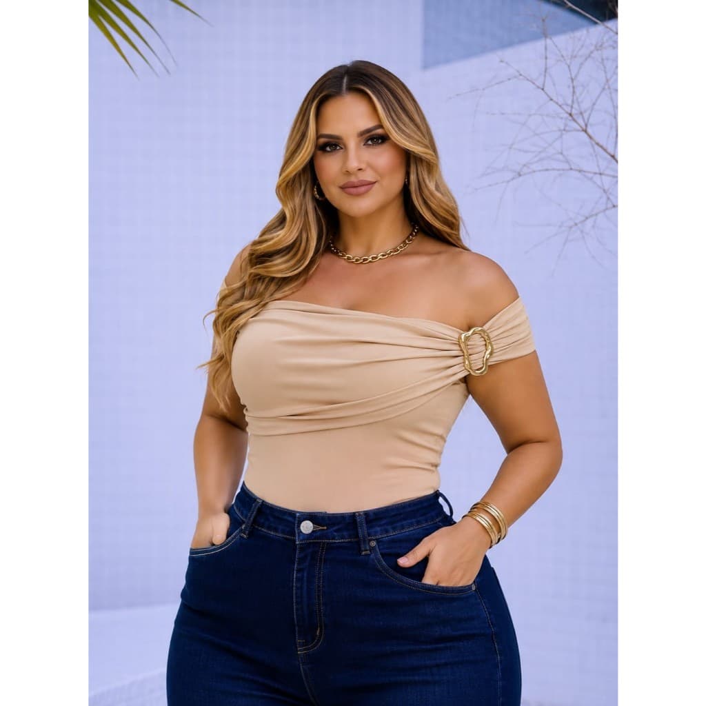 Body, Feminino Premium Fivela Orgânica Ombro a Ombro Elegante Moda Blogueira