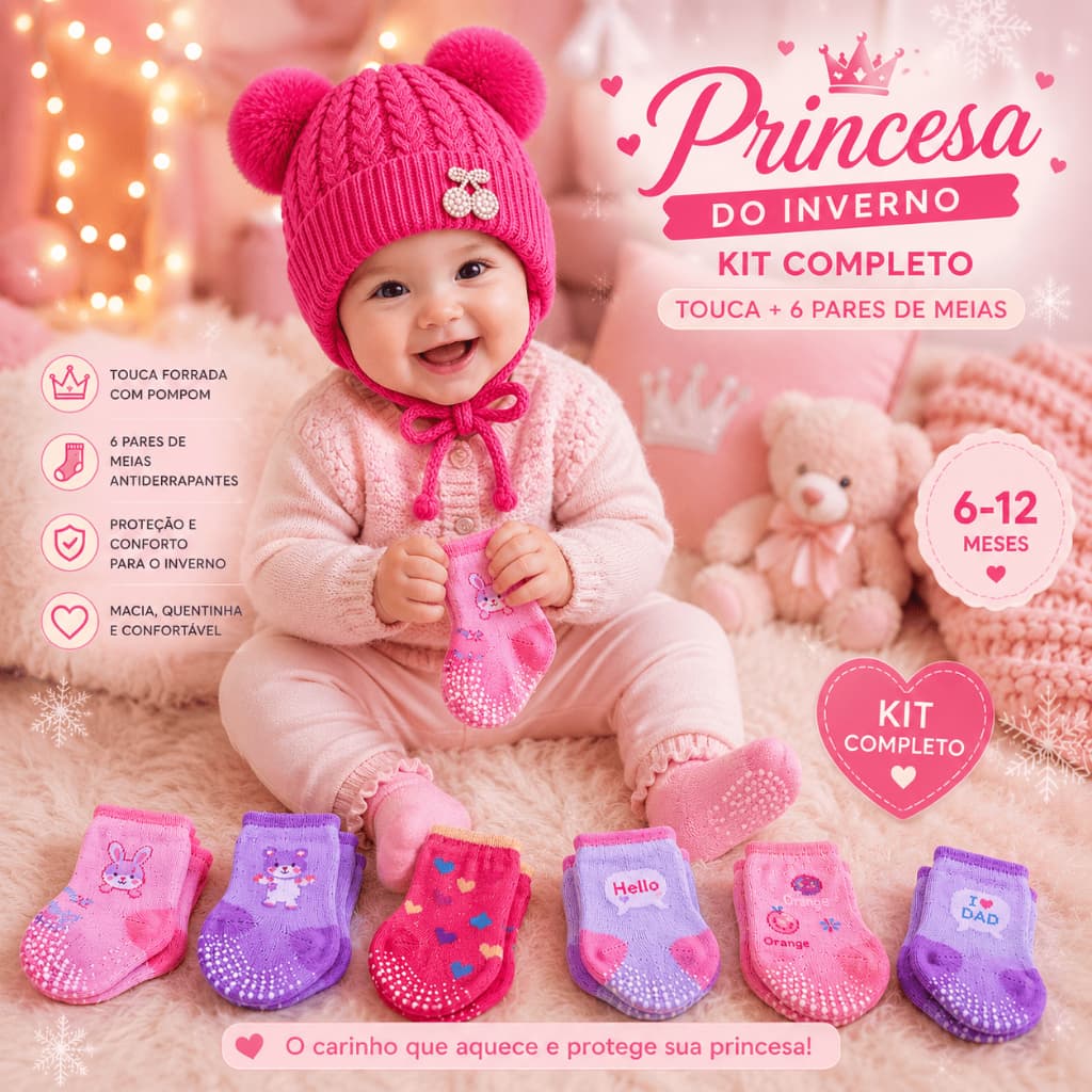 Kit Touca Pompom Bebe Menina + 6 meias antiderrapante Touquinha Pérola Pink 12 Meses
