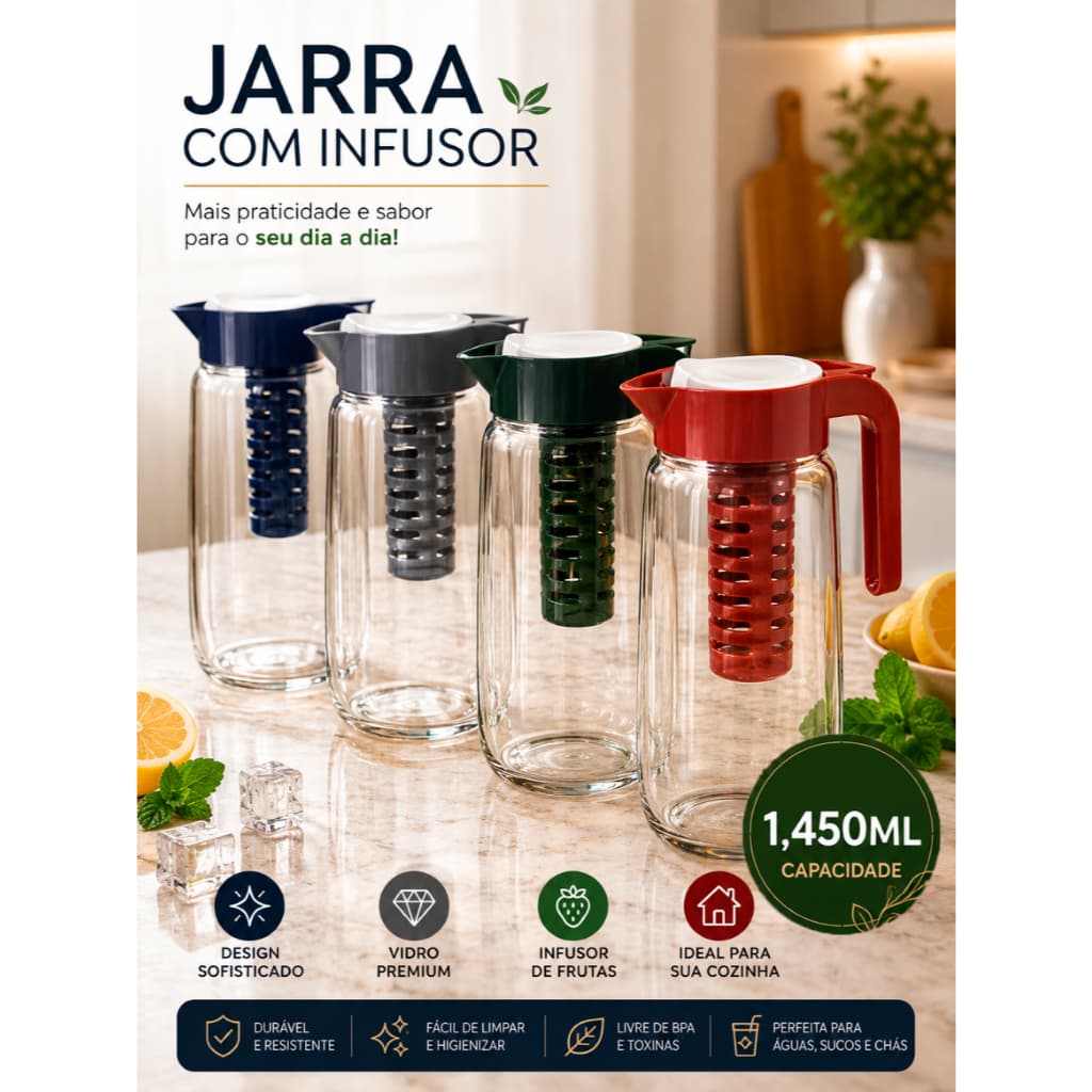 Jarra de Vidro com Infusor de Frutas 1,450ml | Tampa Colorida | Design Moderno Premium