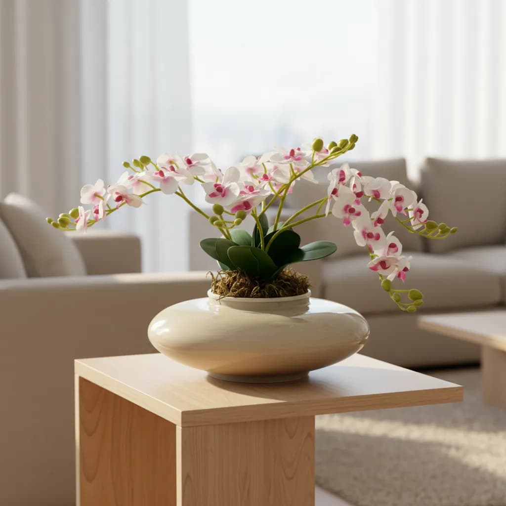 Arranjo Sala Centro Mesa Orquídea Artificial Vaso Decoração