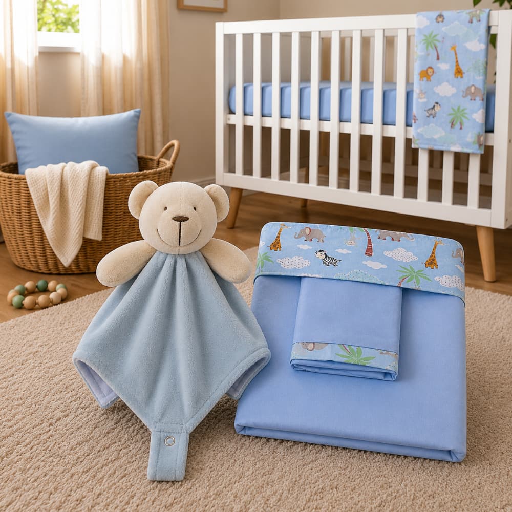 Kit Jogo de Lençol Berço Americano Safari Azul Menino + Naninha Para Bebe de Pelucia Algodão Menina Rosa