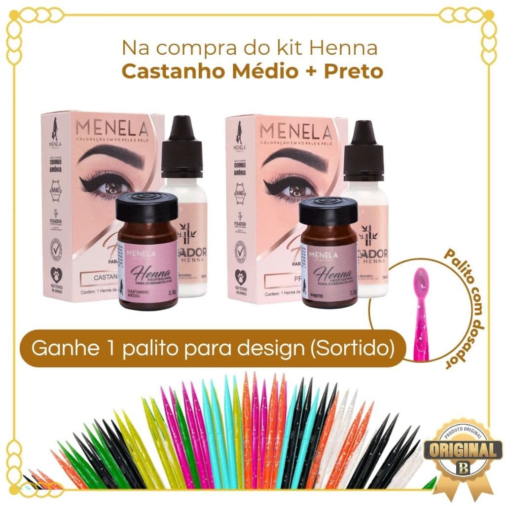 Kit 2 Henna Menela Preto + Castanho Médio + Palito Para Design De Sobrancelhas (Sortido)