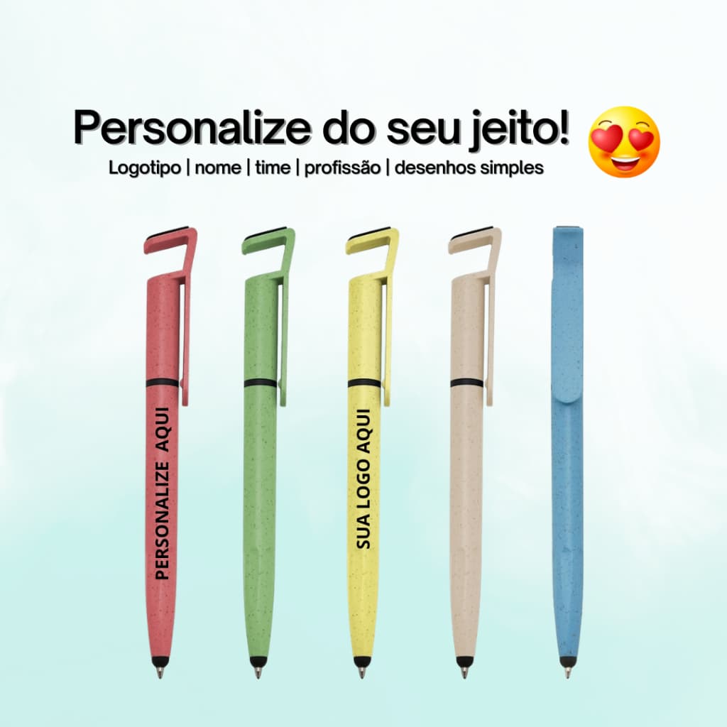 Caneta Fibra de Bambu Touch com Suporte Personalizada - nome/escola/trabalho/logo