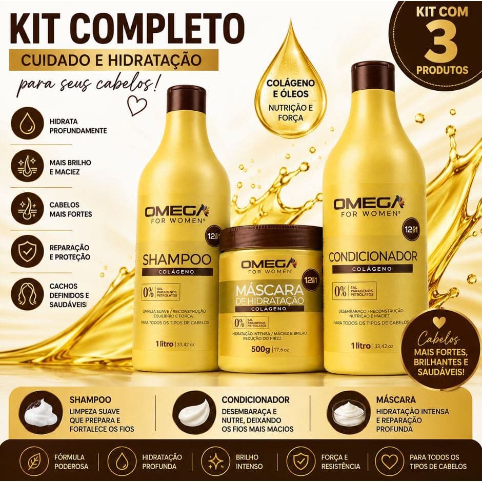 Kit Capilar Colágeno 12 em 1 Shampoo Condicionador 1L + Máscara 500g Omega Hair