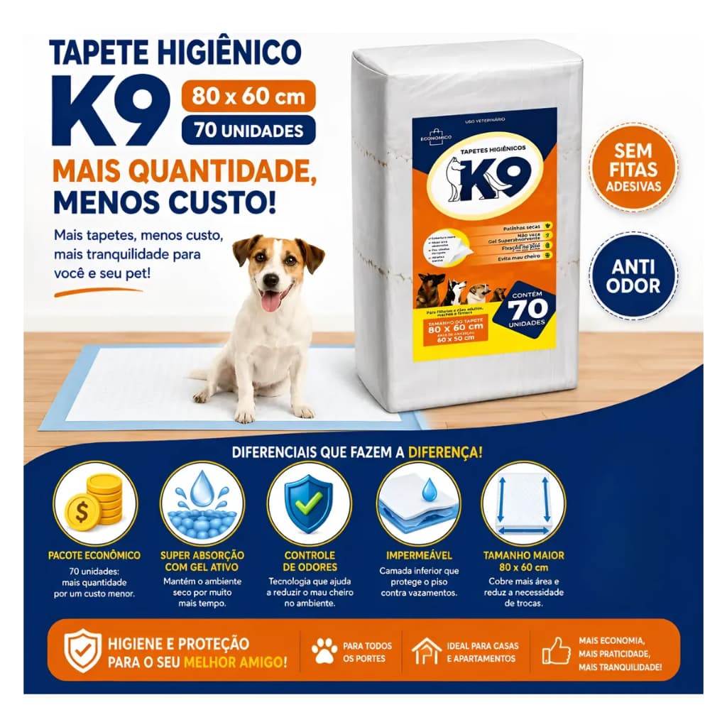 Kit 70 Tapetes Higiênicos Para Cachorro K9 80x60cm Super Absorvente Anti Odor