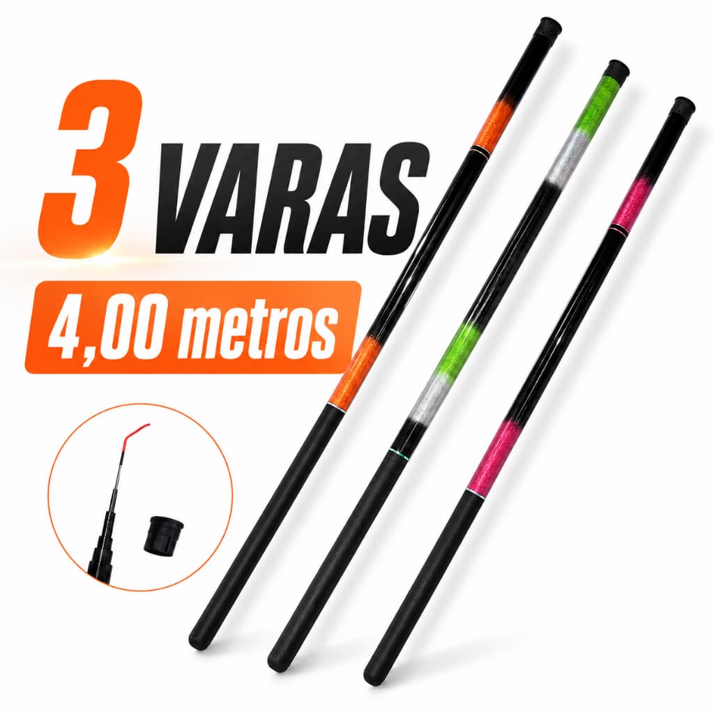 kit 3 varas de pesca telescópica 4,00 mts Vara Telescópica Lisa Fibra de Vidro + 40% Carbono leve resistente