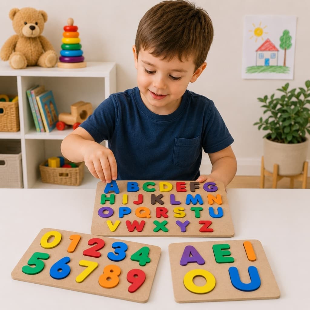 Kit 3 Tabuleiros Alfabeto Números Vogais Madeira Educativo Pedagógico Infantil