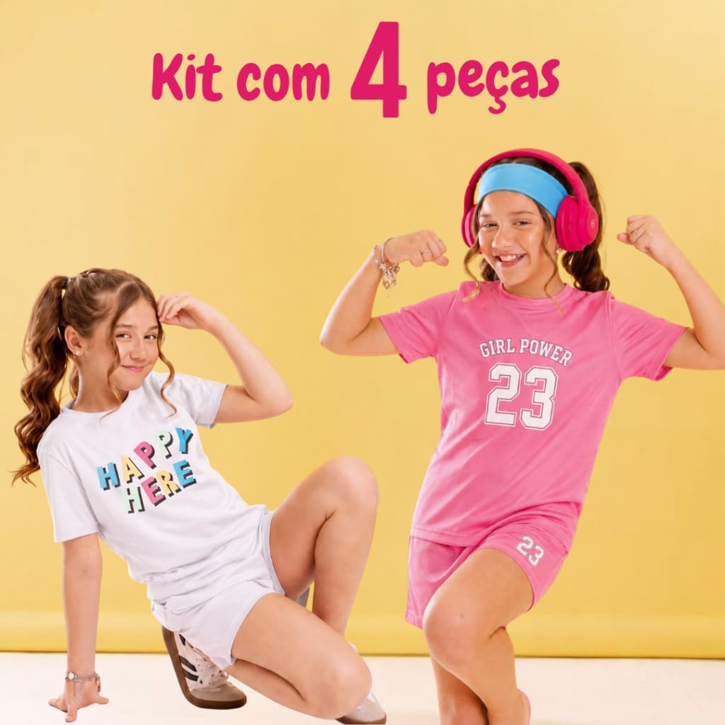 Kit 4 Peças Conjunto Infantil e Juvenil Menina Esportivo Dry Fit  - 2 Camisetas + 2 Shorts - Verão Feminino Leve Fitness