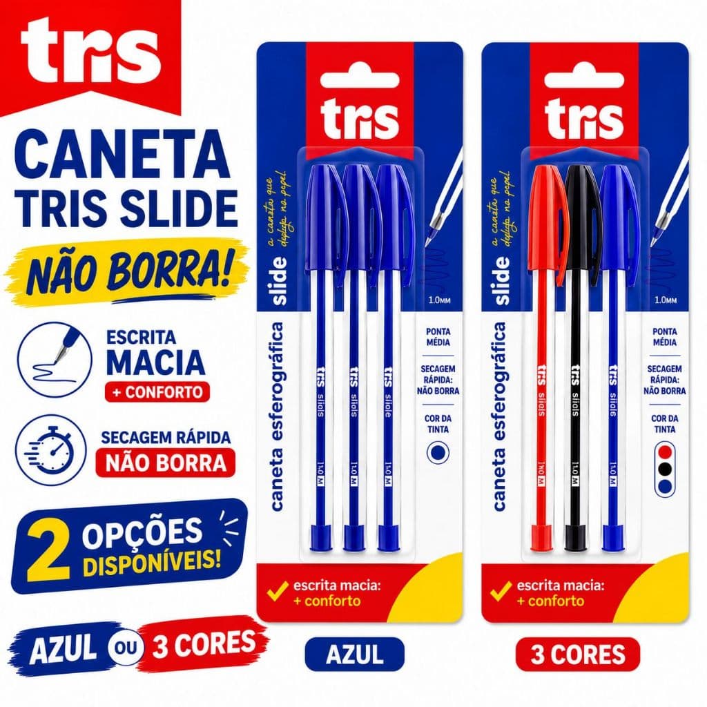 Caneta Esferográfica Tris Slide 1.0mm Kit Com 3 Canetas Azul Ou Azul/Preta/Vermelha