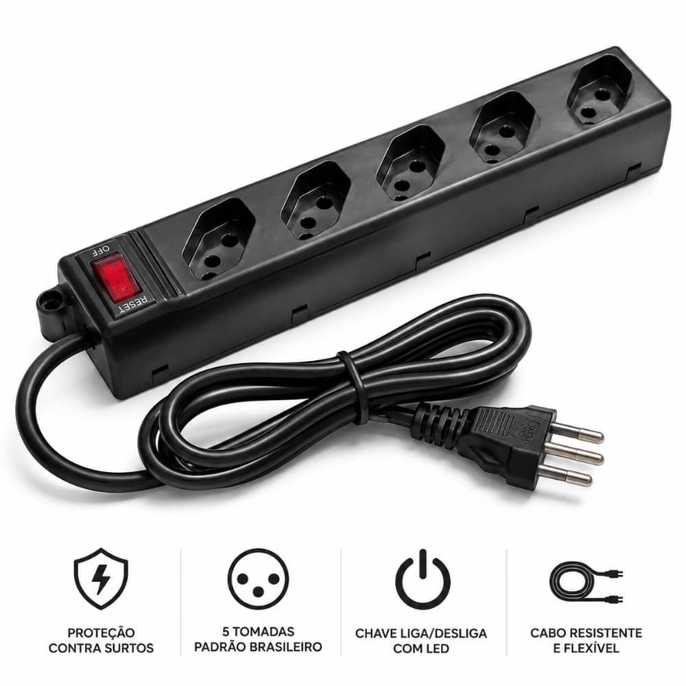 Filtro de Linha 5 Tomadas  Régua 110 220V Bivolt Extensão Universal Com Protetor Descarga de Energia Chave Liga Desliga