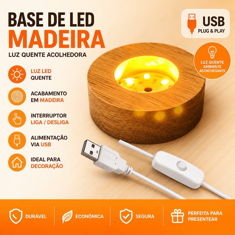 Base De LED Madeira Redonda Exposição Para Objetos Translúcidos Branco Morno – 23220