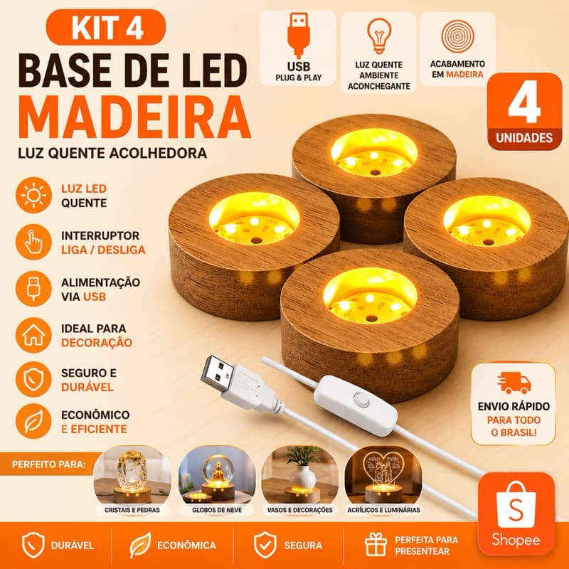Kit 4 Bases LED USB Redonda Branco Morno Para Decoração em Vidro Cristal e Objetos Translúcidos