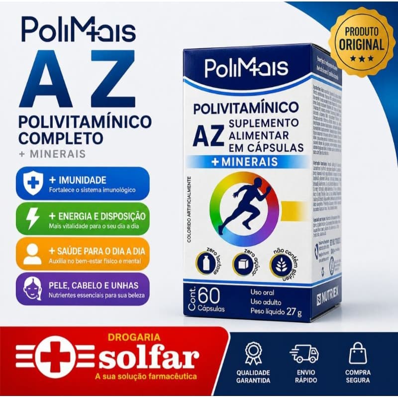 Polimais A/Z Multivitamínico Completo C/60 Cápsulas Original + Imunidade Energia | Drogaria Solfar