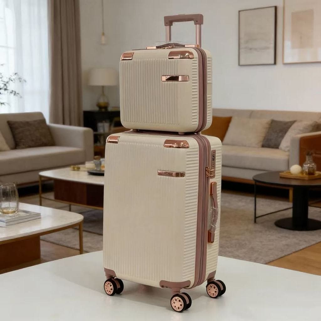 Kit OU Mala De Bordo,Bege com rosa. Alto Qualidade,4 Double wheel Roda Gira 360 Grau/ mala de viagem