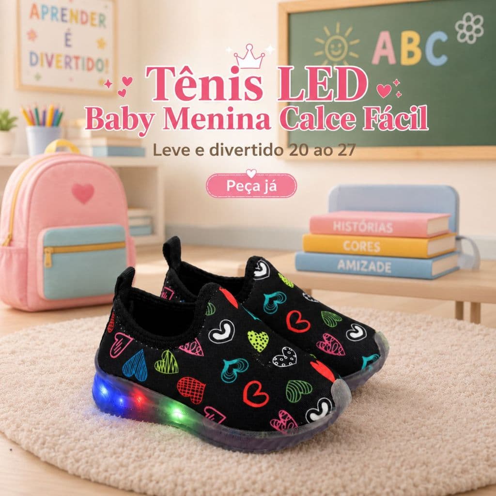Tenis Calce Fácil Menina Com LED | Leve e Divertido Com Estampa Colorida Do 20 ao 27 | PEÇA JÁ!