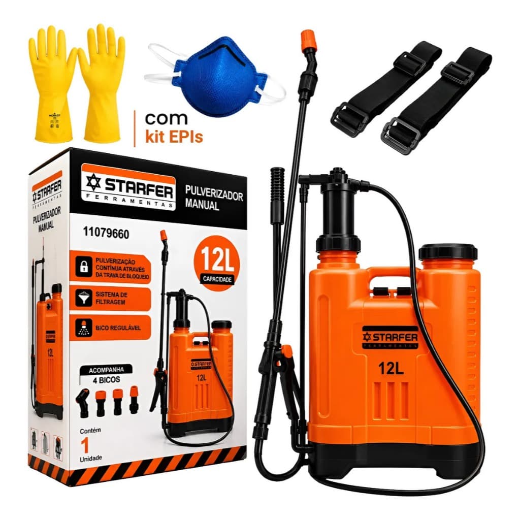 Pulverizador Costal 12L Manual Starfer Bomba Manual Fácil Uso Qualidade Alta Kit Luva Látex