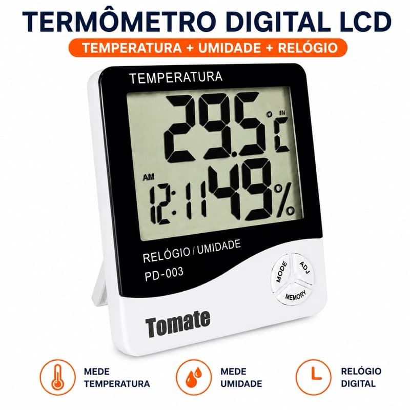 Termômetro Digital LCD Higrômetro Medidor Umidade Relógio