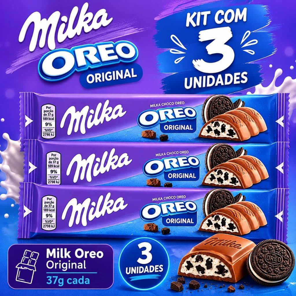 Kit com 3 unidades de barra de chocolate Milka e Oreo Chocolate Original 37g - Importado PRONTA ENTREGA