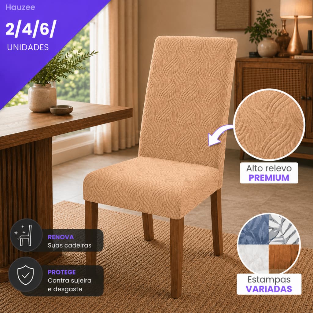 Capa Protetora de Cadeiras em Alto Relevo Malha Suede Jacquard para 4 6 Resistente Premium Kit Lavável Elástica Jantar