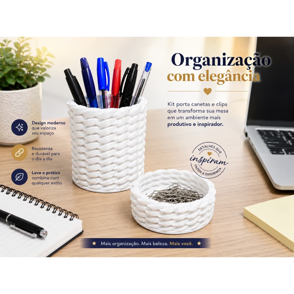 Porta Canetas com Porta Clips 2 em 1 Organizador de Mesa Moderno Preto Branco Escritório Home Office
