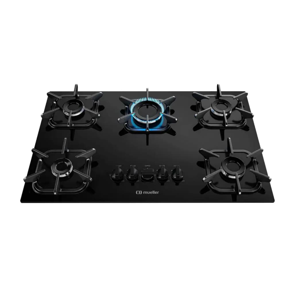 Cooktop 5 Bocas Mueller Ultra Chama à Gás Mesa Vidro Preto - Bivolt
