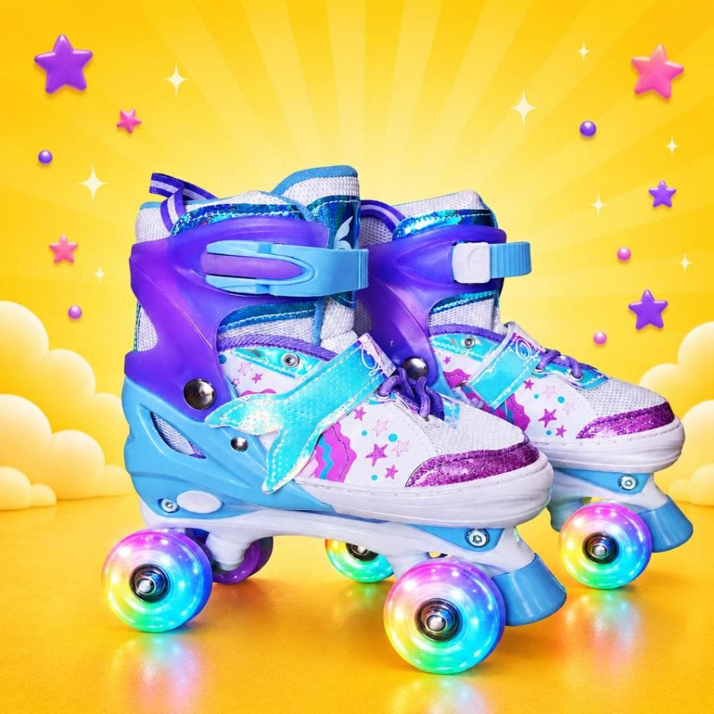Patins Quad Sereia 4 Rodas Infantil Ajustável Regulável Com Rodinhas de Led + Bolsa