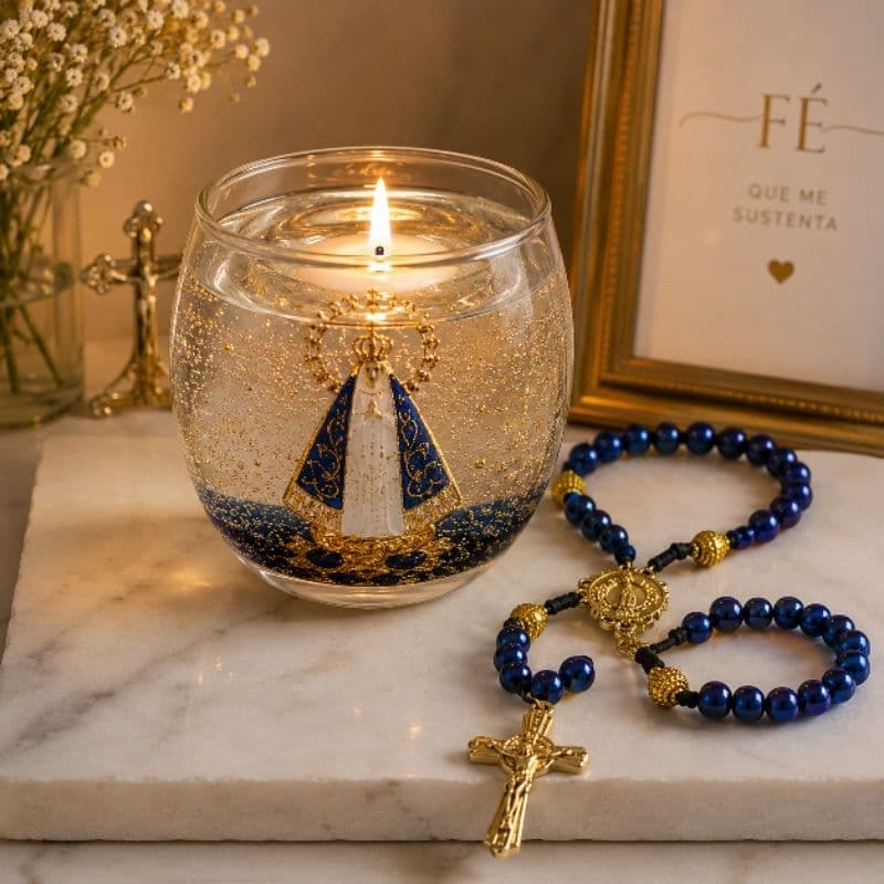 Kit Vela Luminária Nossa Senhora Aparecida com Terço + Vela Aromática + Refil | Presente Religioso Católico