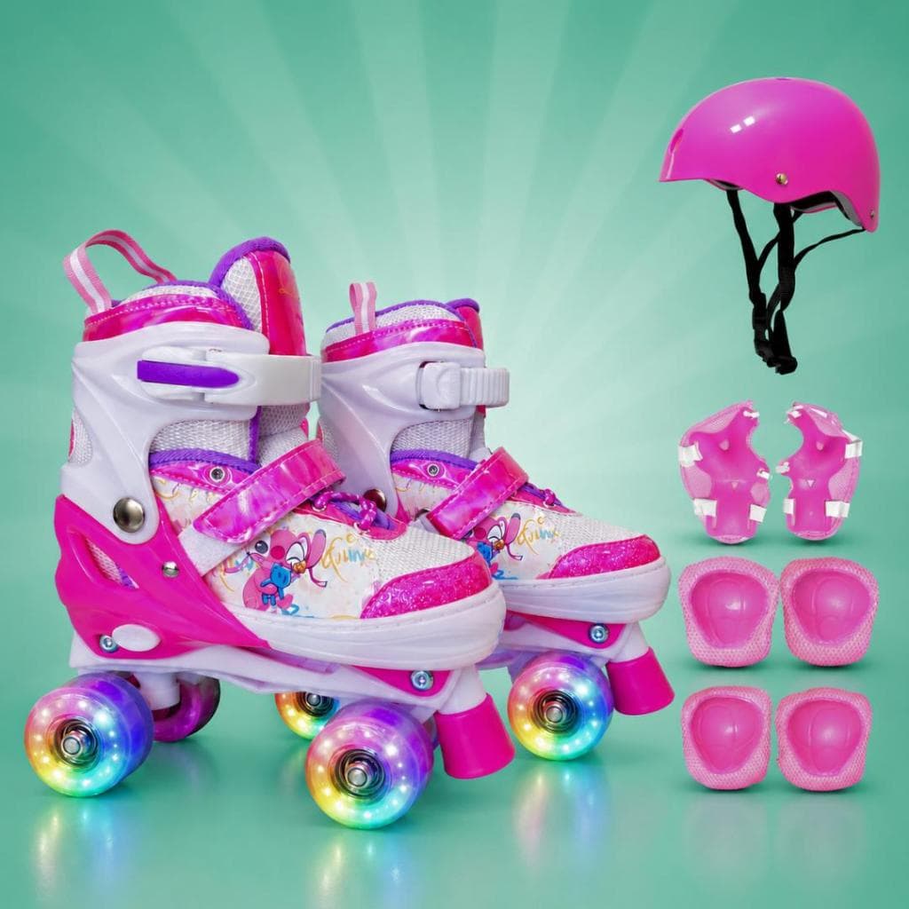 Patins Infantil Quad Stitch Tamanho Ajustavel Regulavel Rodinhas Com LED + KIT DE PROTEÇÃO COMPLETO