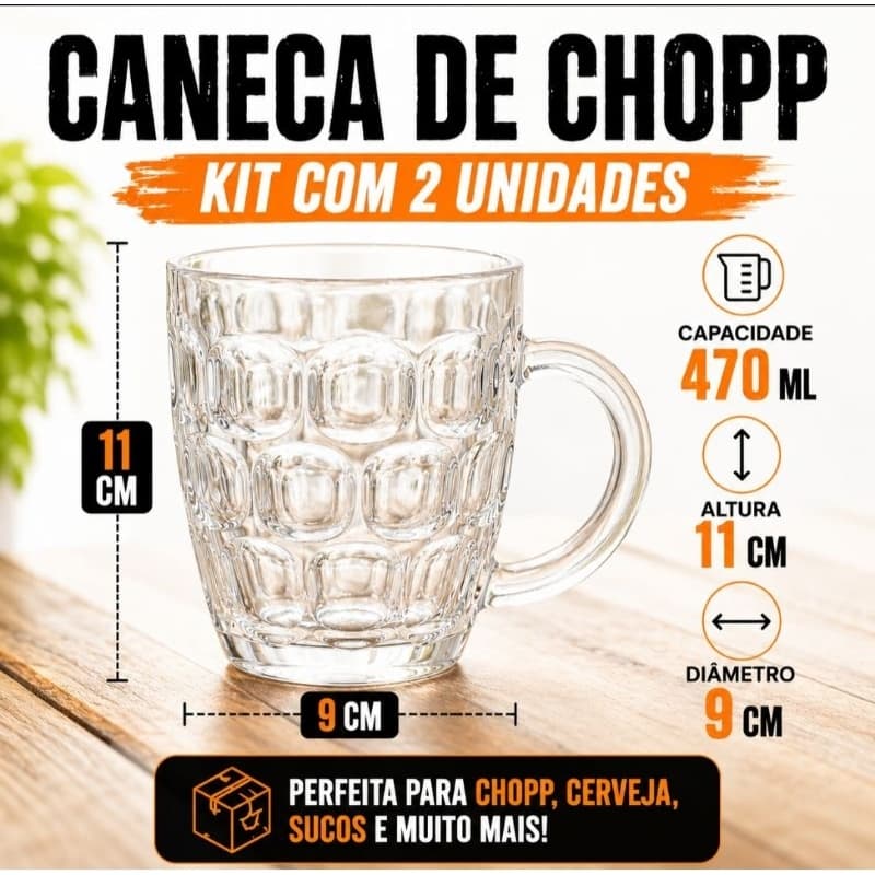Kit 2 Canecas de Chopp 470ml Vidro Resistente Cerveja Drink Bar copa Brasil