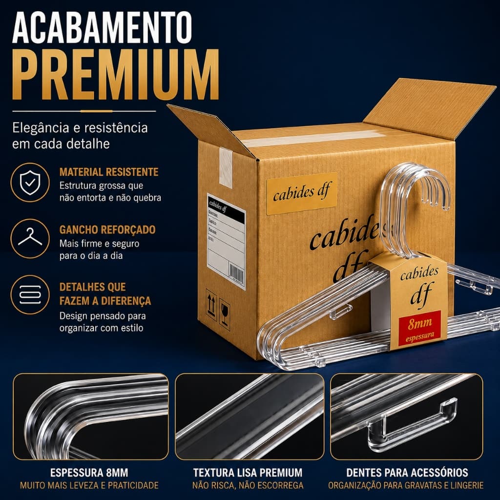 Kit Cabides adulto Acrílico cristal 8mm Reforçado transparente kits c/ 30/50/80 atacado loja closet