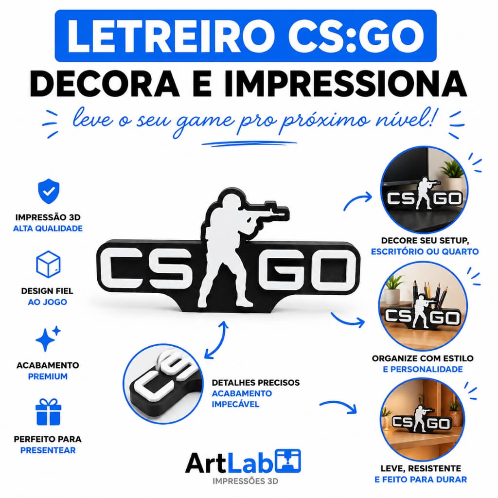 Letreiro Decoração Placa Decorativa Counter Strike CSGO Alto Relevo 3D para Setup Gamer Geek
