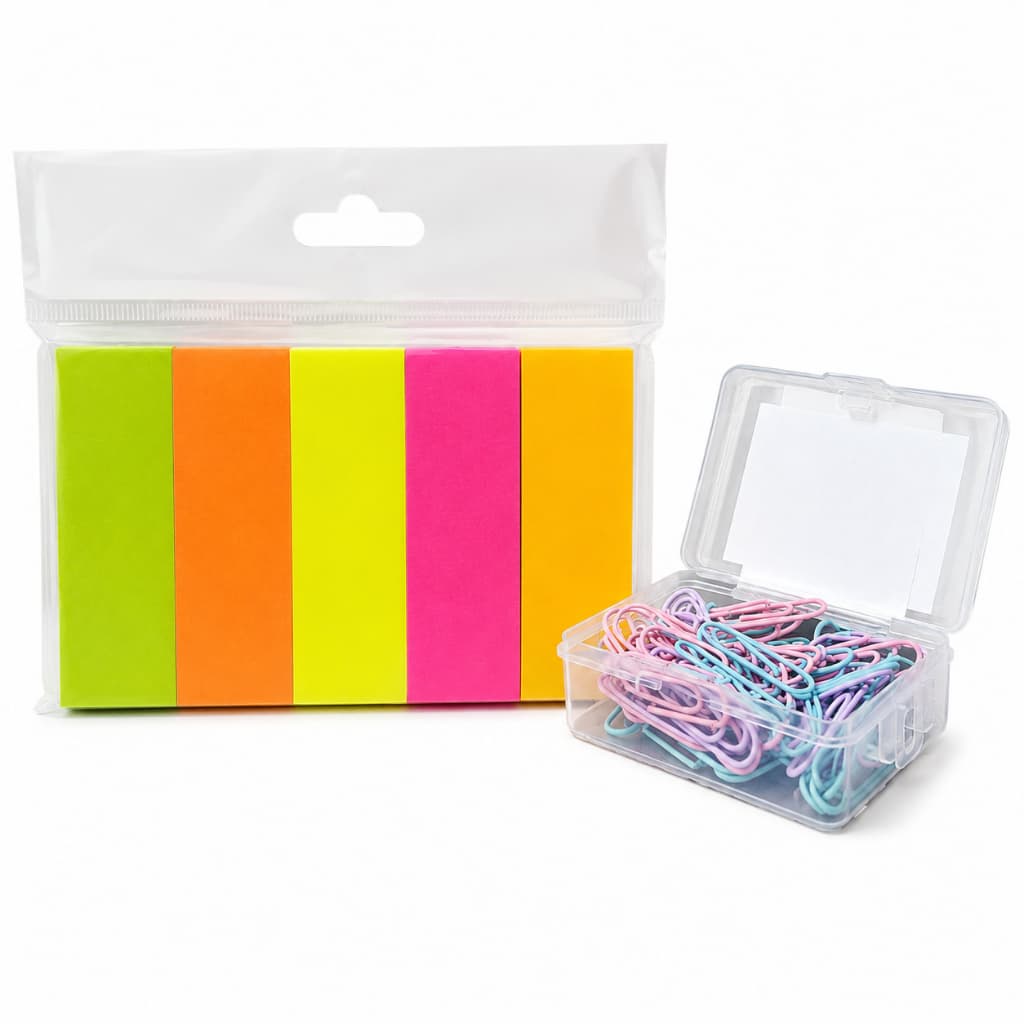 Kit 500 Blocos De Recados Autoadesivos Post It + 70 Clips