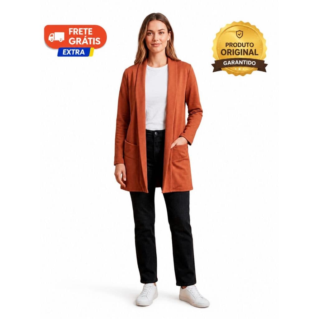 Cardigan Feminino Longo Moletinho Casaco Aberto Com Bolsos Sobretudo Leve Inverno Elegante Moda