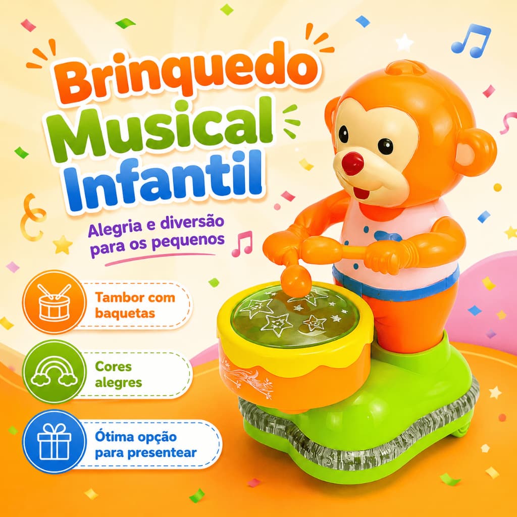 Brinquedo Musical Infantil Macaco com Tambor Baquetas Luzes Coloridas Presente Criança