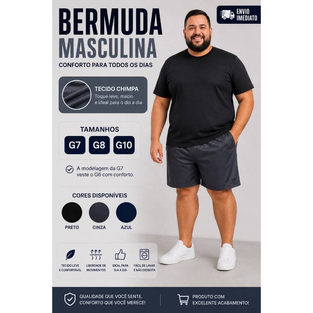 Bermuda Masculina Plus Size Unidade Com Bolso G7 ao G10