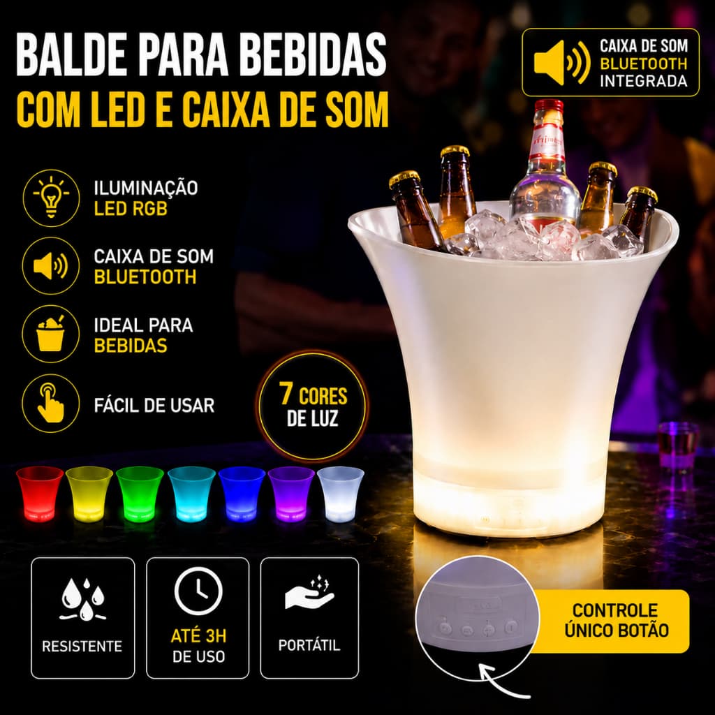 Balde Refrigerado Led Caixa Som Bluetooth Festa Churrasco Branca Portátil