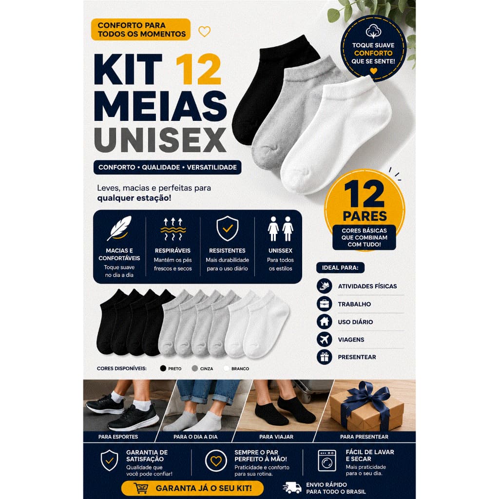 Kit 6 Pares Meia Soquete Unissex Básica Algodão Cano Curto Conforto