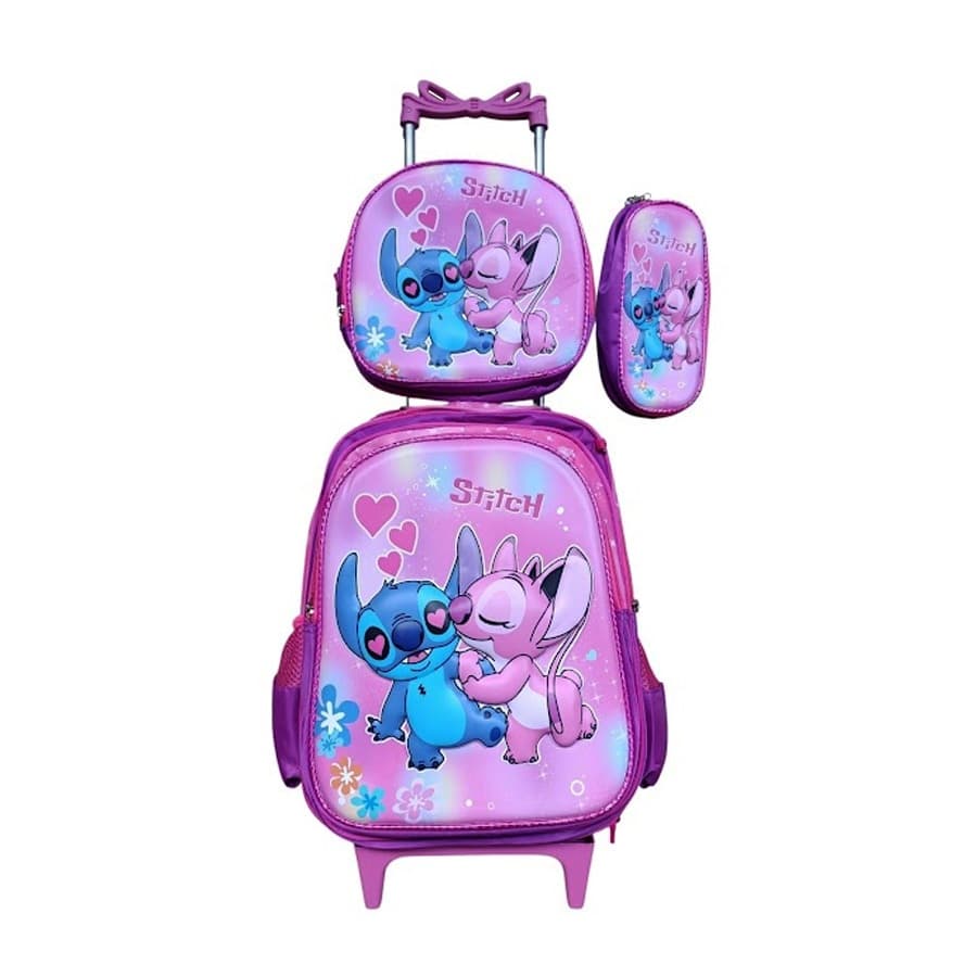 Kit Mochila Stitch Menina 3D em Alto Relevo com Rodinhas + Lancheira Térmica + Estojo Escolar