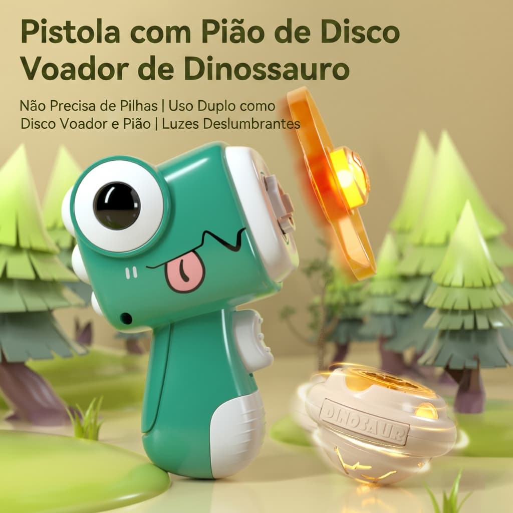 Lançador Dinossauro Brinquedo Pião e Disco Voador LED. Não Precisa de Pilha, Com Caixa, Presente Infantil